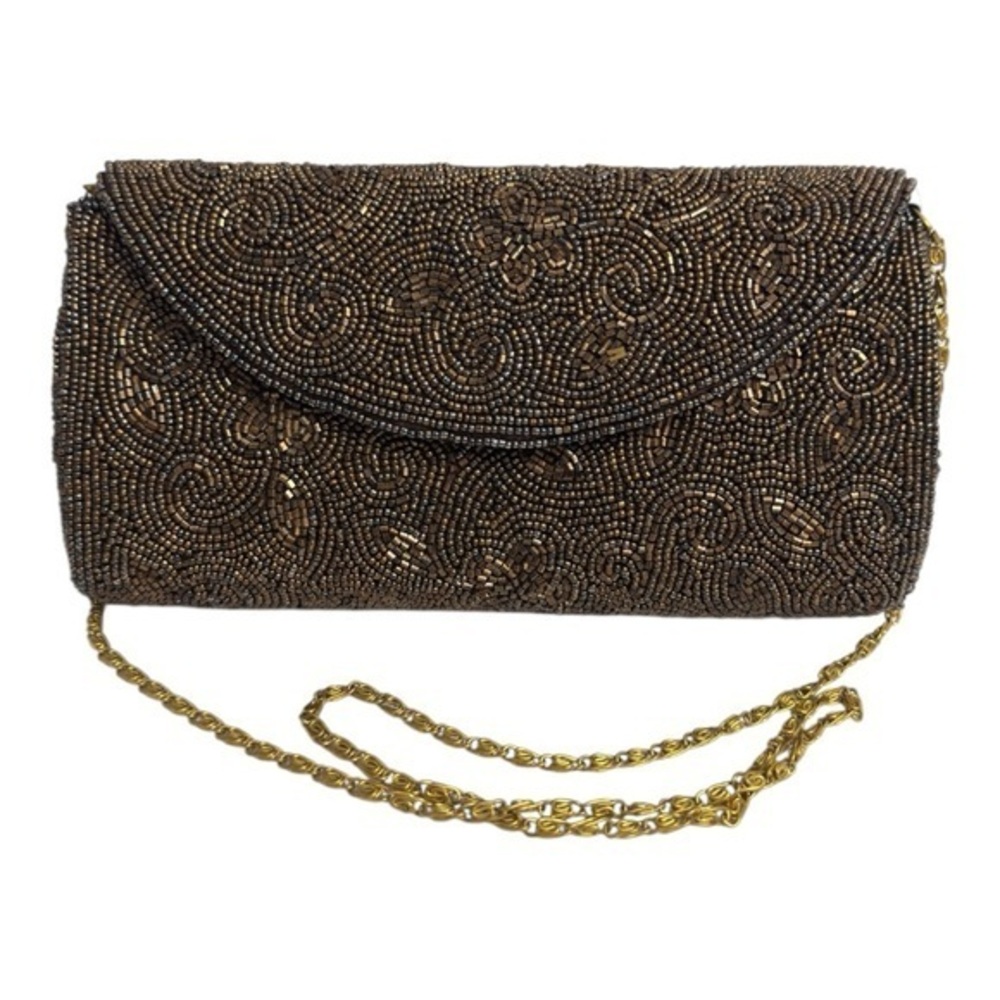 Moyna Beaded Clutch Handbag Brown Gold Swirl Pattern Chain Strap Evening Bag